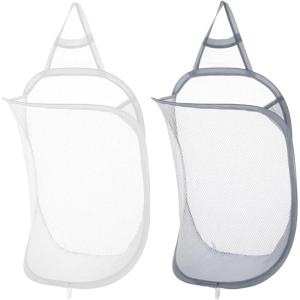 2 pièces Panier à linge mural, panier de rangement pliable en filet Panier à linge en filet escamotable Convient pour la maison,l&rsquo;hôtel, les voyages,le camping, la salle de bain (blanc,gris)