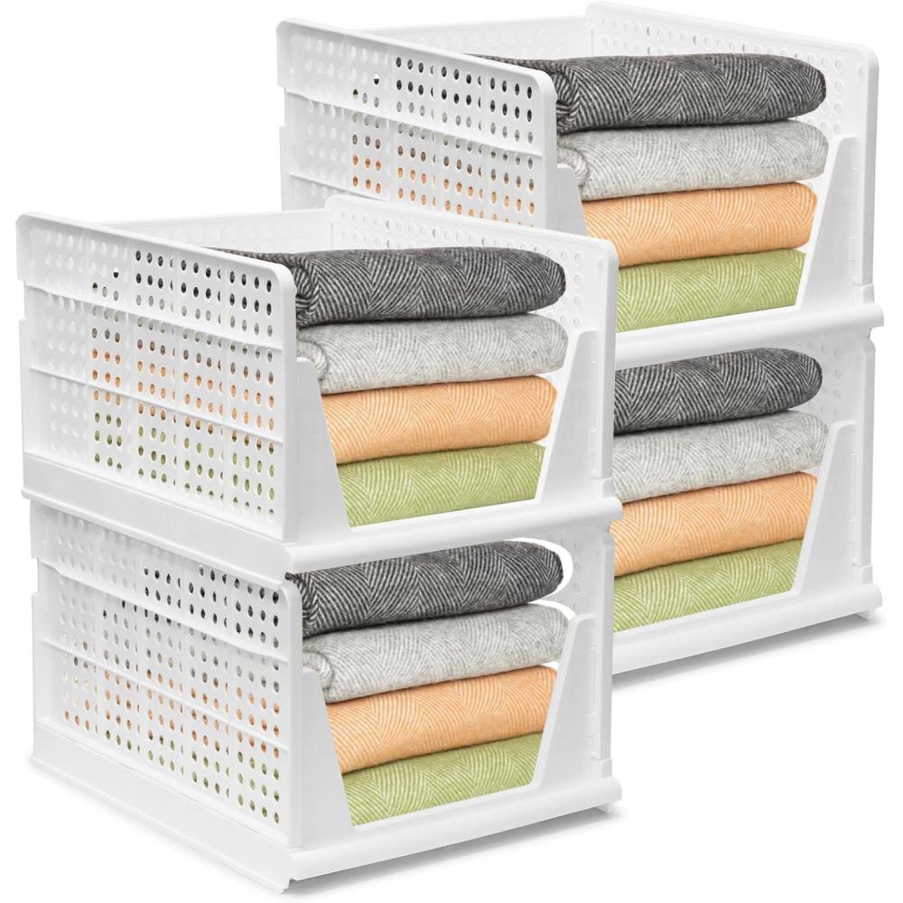 image:imageOrganisateur de Rangement pour Armoire 2PCS Grands Paniers Empilables 43x335x25cm Bacs de Rangement en Plastique pour Placard Maison Bureau Lessive Vtements Jouets CuisineL4PCS