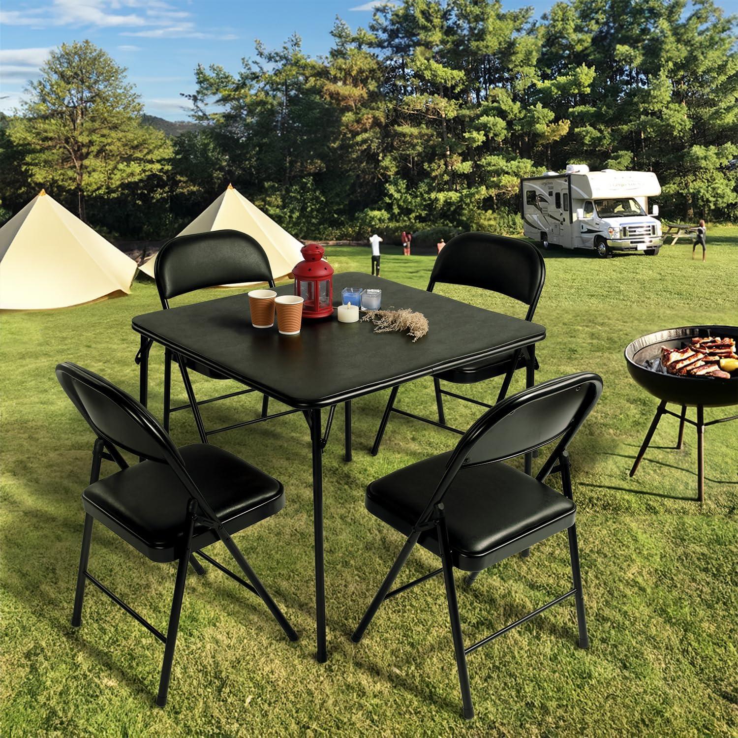 image:imageFurnitureR Tables Pliantes Square Noire Structure Mtallique Robuste et MDF Plateau Rembourr en Cuir Synthtique Pliable et Portable pour Fte Maison Camping en Plein Air PiqueNique 86 x 86cm