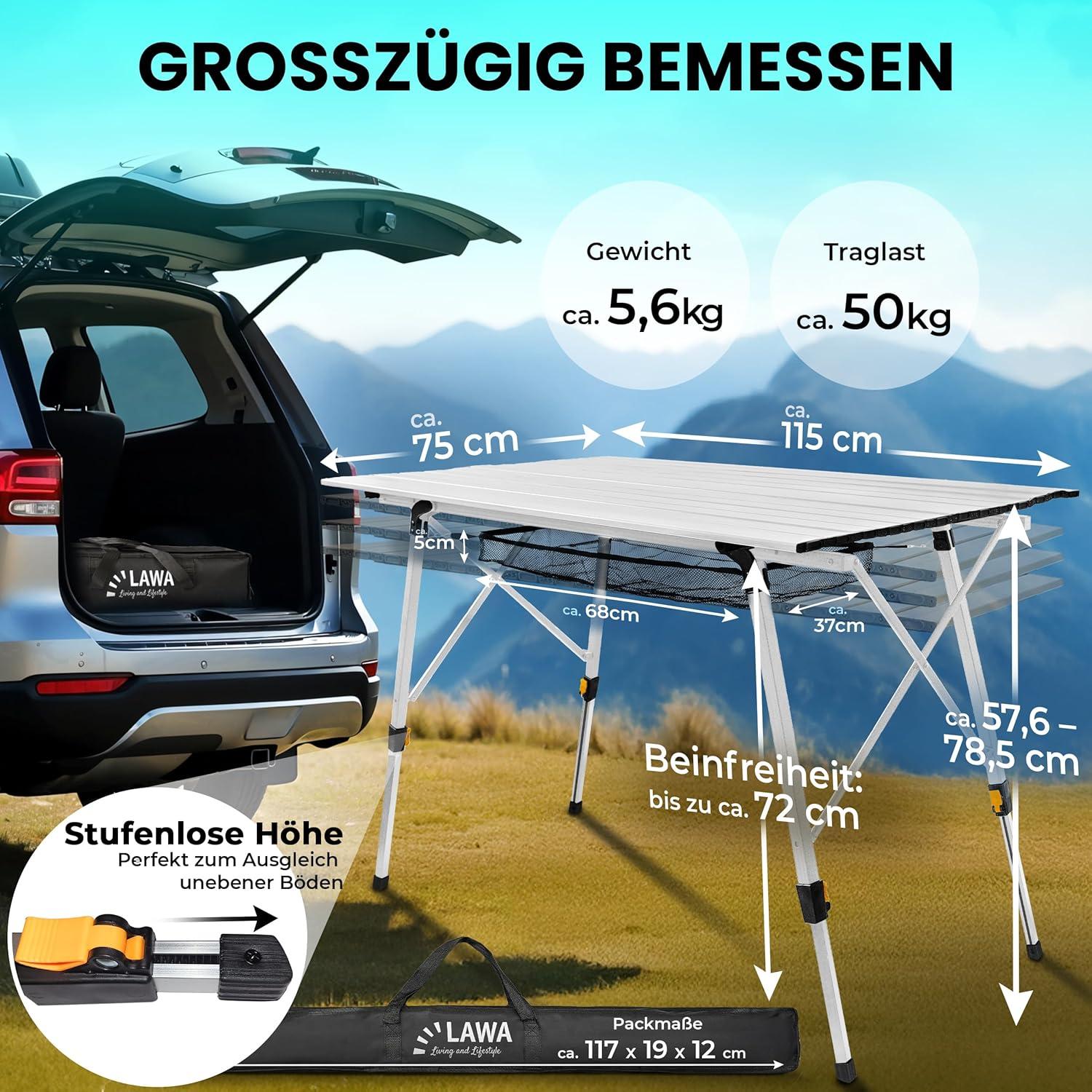 image:imageTable de camping pliante rglable en hauteur jusqu 78 cm En aluminium Pliable Pour 4 personnes Avec sac de transport Filet enroulable