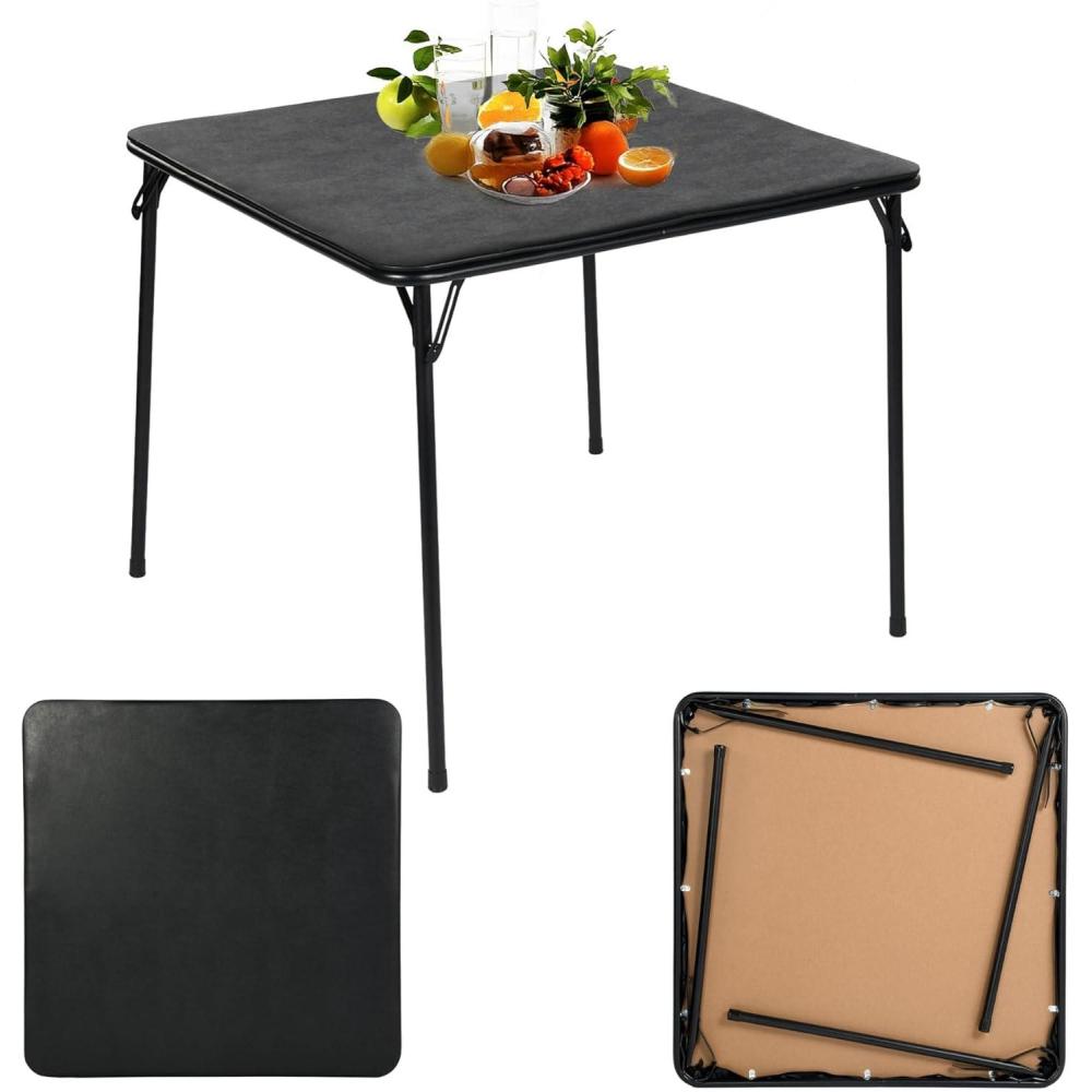 image:imageFurnitureR Tables Pliantes Square Noire Structure Mtallique Robuste et MDF Plateau Rembourr en Cuir Synthtique Pliable et Portable pour Fte Maison Camping en Plein Air PiqueNique 86 x 86cm