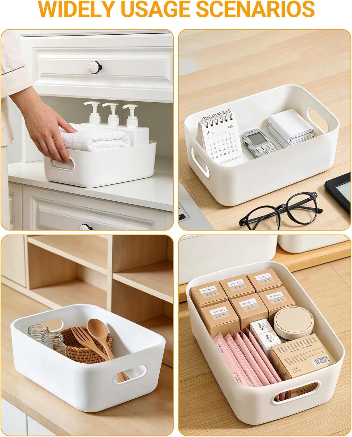 image:imageBotes de rangement blanches 4 pices Bac rangement plastique ampamp panier de rangement botes empilables pour cuisine armoire et salle de bain 20 14 7 cm