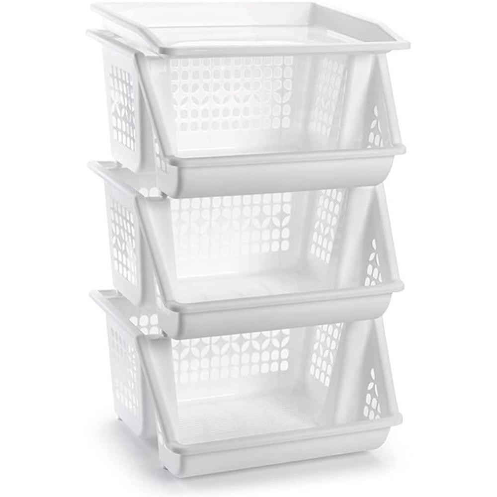 image:imageAcan Tradineur Pack de paniers lgumes en plastique 3 niveaux Modle PLFT Paniers empilables porteobjets Fruits Lgumes Cuisine salle de bain 57 x 36 x 29 cm Couleur Blanc Plus