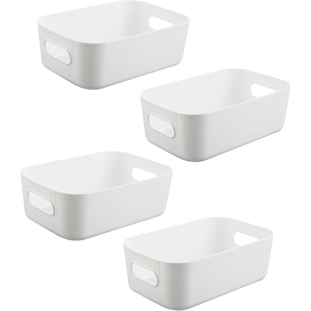 image:imageBotes de rangement blanches 4 pices Bac rangement plastique ampamp panier de rangement botes empilables pour cuisine armoire et salle de bain 20 14 7 cm