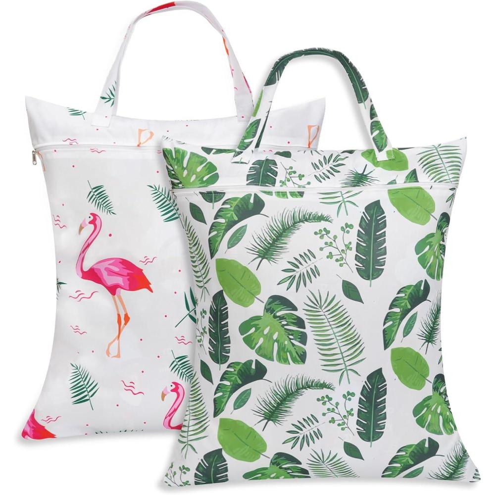 image:imageHOTUT Grands Sacs  Linge de Voyage Impermables 2X Vtements Mouills Sac Organisateur Pliable avec Poigne avec Fermeture Sac de Rangement pour Linge Sale vtements Humides Voyage SportFeuille de Bananier  Flamant Rose
