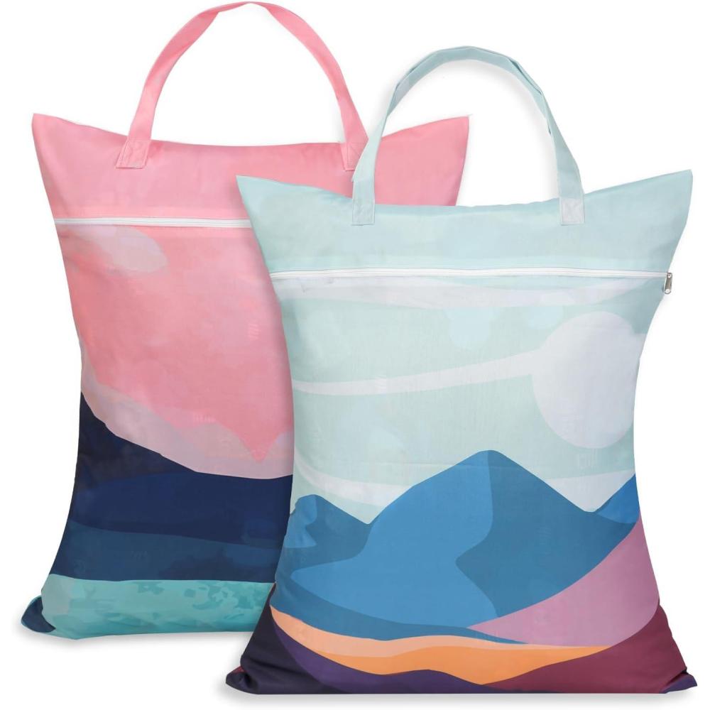 image:imageHOTUT Grands Sacs  Linge de Voyage Impermables 2X Vtements Mouills Sac Organisateur Pliable avec Poigne avec Fermeture Sac de Rangement pour Linge Sale vtements Humides Voyage SportLune Blanche  Soleil Rouge