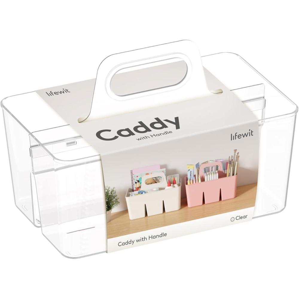 image:imageLifewit Boite Rangement Plastique Panier Rangement avec Poigne Bac Rangement Organisateur Bureau Bain Cuisine Placard Caisse Rangement pour Crayons Cosmtiques Blanc 1 PiceTransparent
