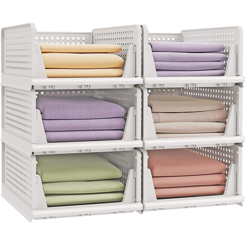 image:imageSONGMICS Organisateur dArmoire Pliable Lot de 6 Tiroir Coulissant Empilable Panier tagre de Rangement en Plastique pour Chambre Bureau Salle de Bain Blanc LPC600WZ016