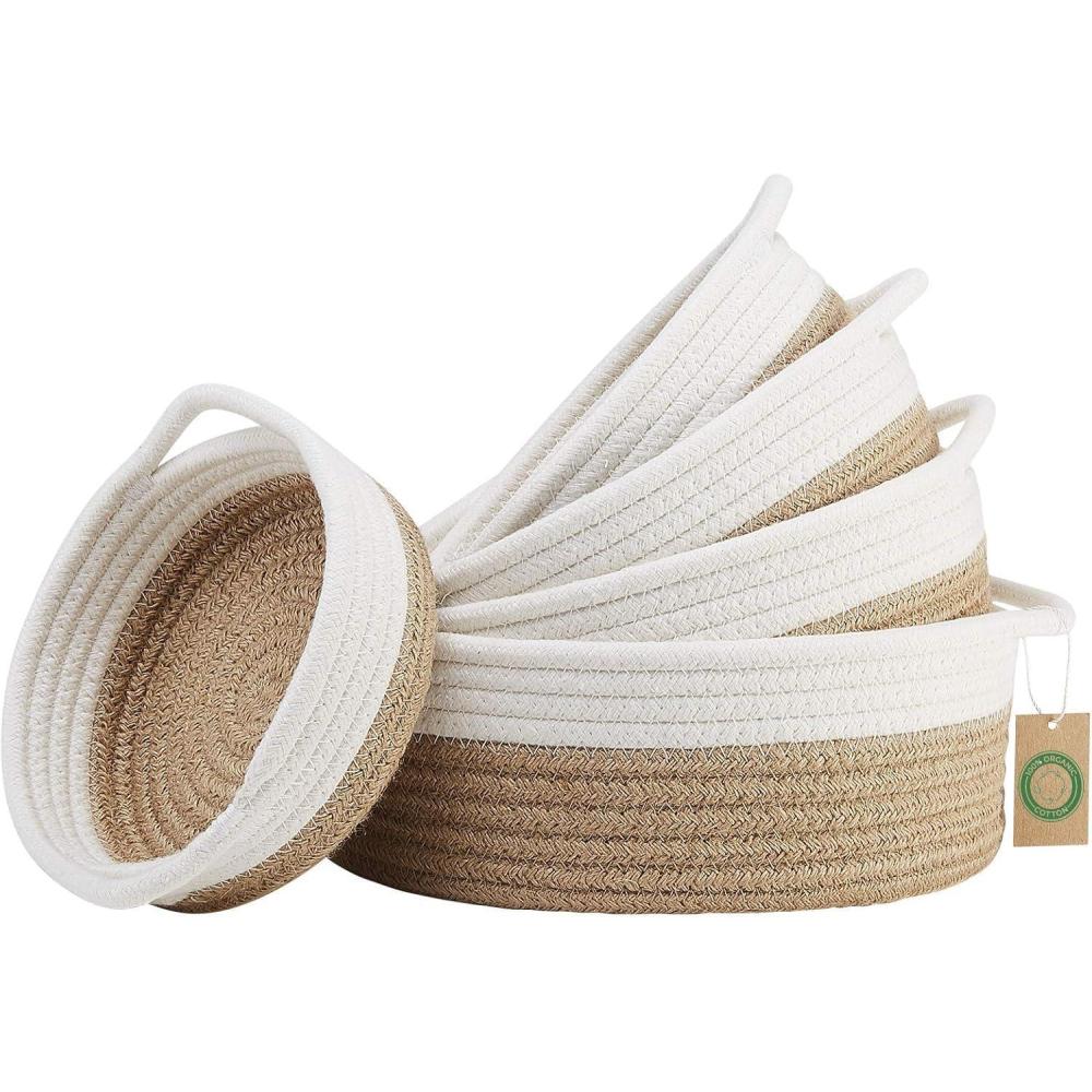 image:imageLot de 5 Panier Rangement en Corde de Coton Paniers et Botes de Rangement avec Anse Corbeille dcorative tresse pour placard salle de bain ou chambre de bb