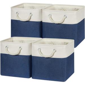 Temary Lot de 4 bacs de rangement cubiques en tissu pour étagère, 30,5 x 30,5 cm, paniers de rangement vides pour jouets, jouets de chien (blanc et kaki)(Blanc et Bleu.)