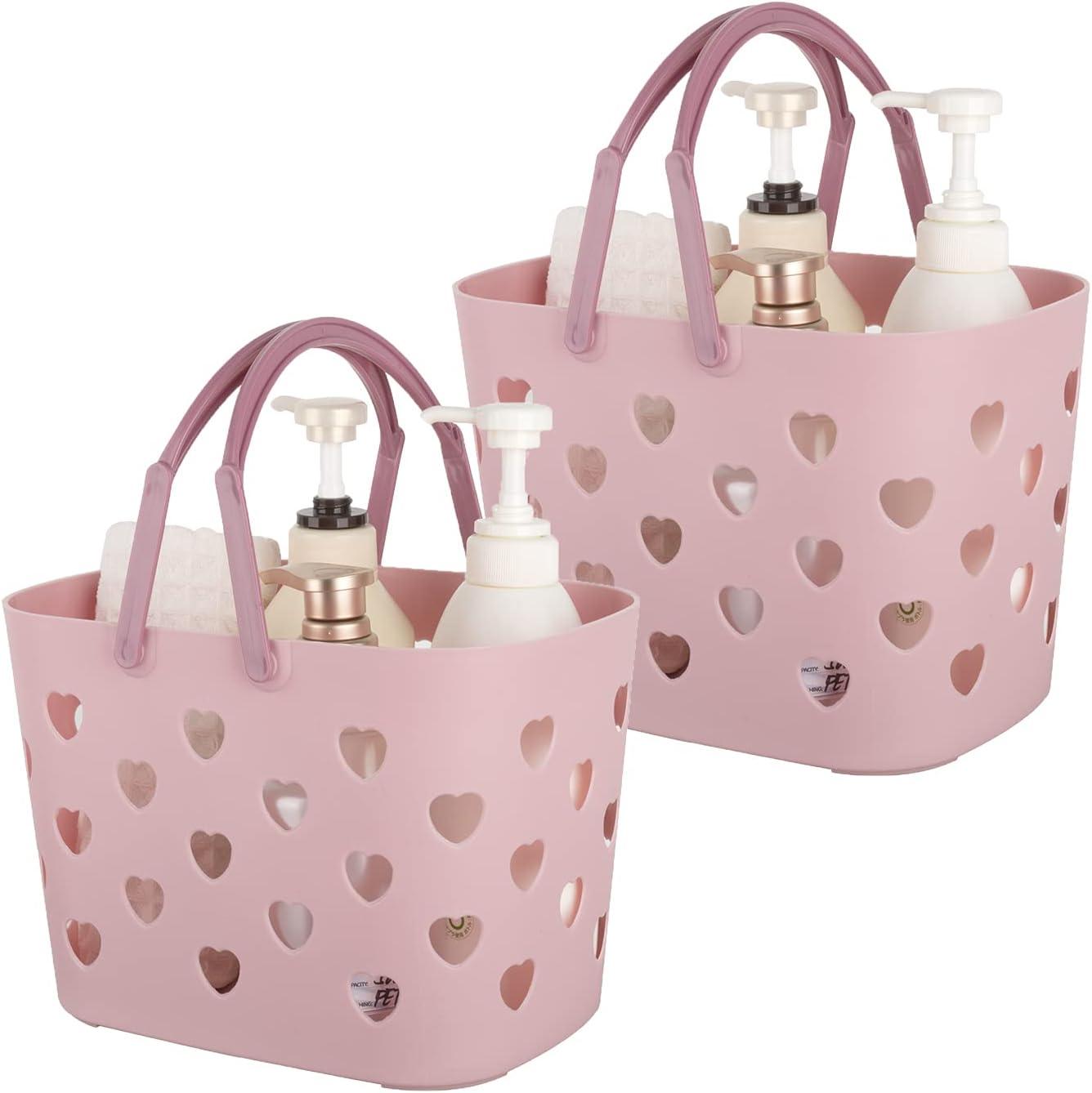 image:imageAnyoifax Lot de 2 paniers de rangement portables en plastique avec poigne pour salle de bain dortoir gardemanger cuisine roseRose
