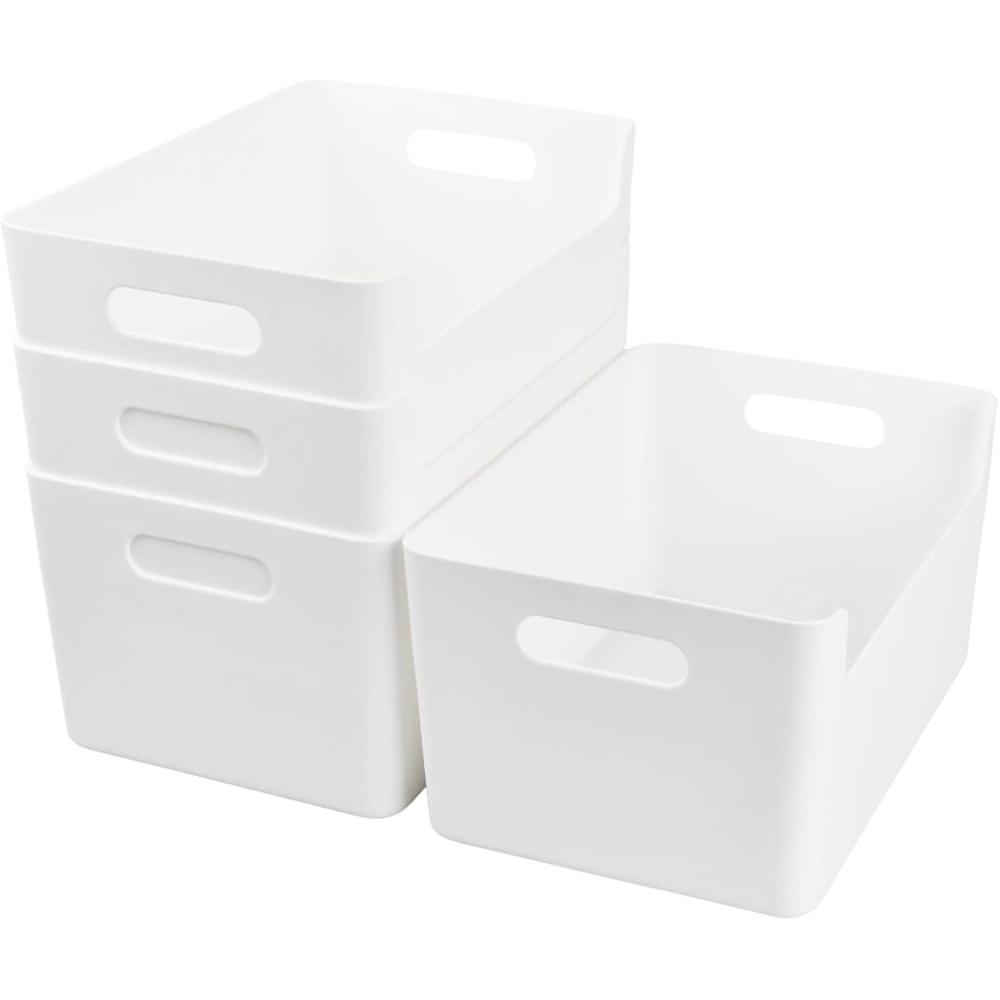 image:image4 Pices Botes de Rangement en Plastique Paniers de Rangement Boite Rangement avec Poignes Panier Organiseur Placard pour Cuisine Salle de Bain Bureau Blanc 25 x 17 x 135 cm