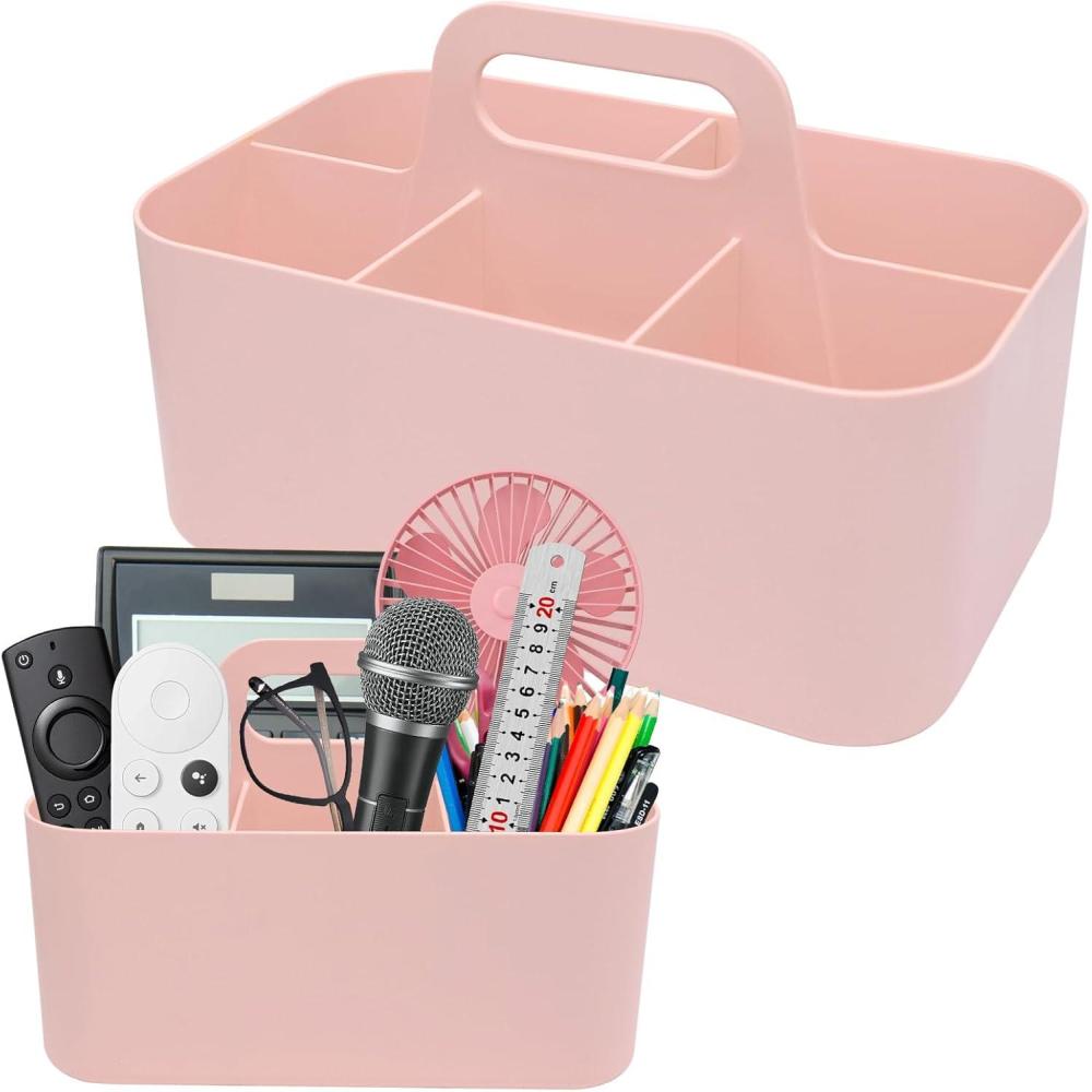 image:imagePanier Organiseur avec Poigne Panier Plastique Polyvalent 5 Compartiments Panier de Nettoyage Empilable Panier de Bricolage Portable Panier de Bureau pour lart Le Maquillage BlancRose