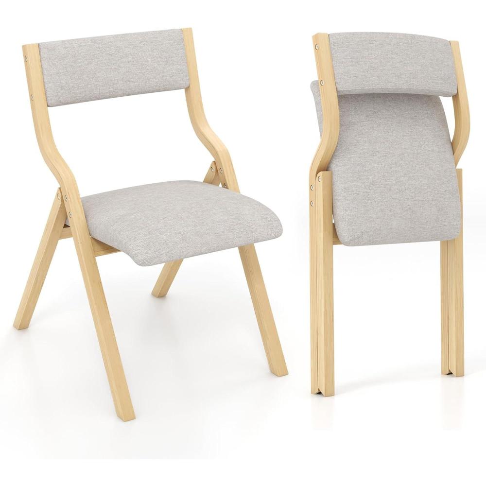 image:imageRELAX4LIFE Lot de 2 Chaise Pliante Bois Chaise Pliable Salle a Manger avec Sige Rembourr Cadre Courb Housse en Lin Peu Encombrante pour Cuisine Salle Manger Bureau 1 NaturelNaturel
