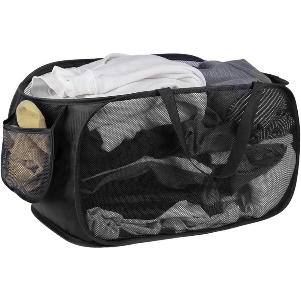 image:imageCorbeille Linge Noir Panier Linge 75 Litres Corbeille a Linge Pliable avec Poigne Renforce et Cordon lastique pour Chambre Salle Bain Buanderie