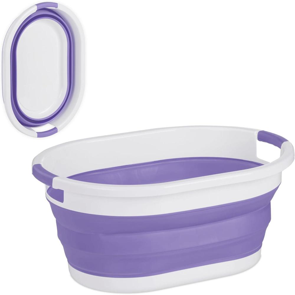 image:imageRelaxdays Panier Linge 24 litres en Plastique Pliable Rangement Peu encombrant avec poignes Bleu et BlancViolet et Blanc
