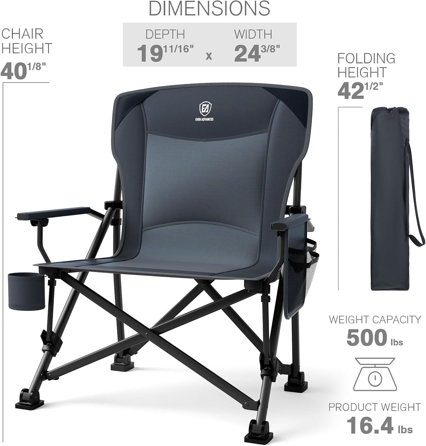 image:imageEVER ADVANCED Chaise de Camping Pliable Charge maximale 230 kg Taille XL Support Lombaire Largeur dassise 62 cm avec Poche latrale Portegobelet Chaise de pche Pliable pourGris