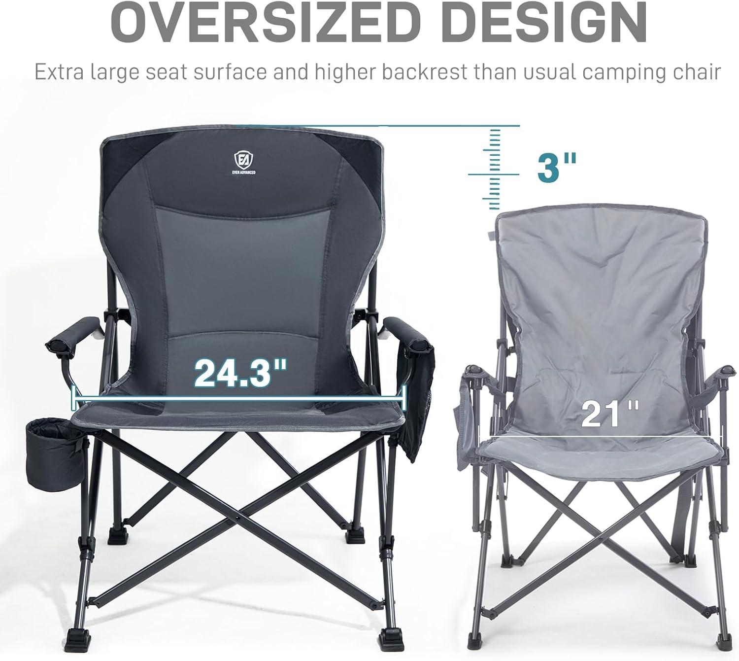 image:imageEVER ADVANCED Chaise de Camping Pliable Charge maximale 230 kg Taille XL Support Lombaire Largeur dassise 62 cm avec Poche latrale Portegobelet Chaise de pche Pliable pourGris