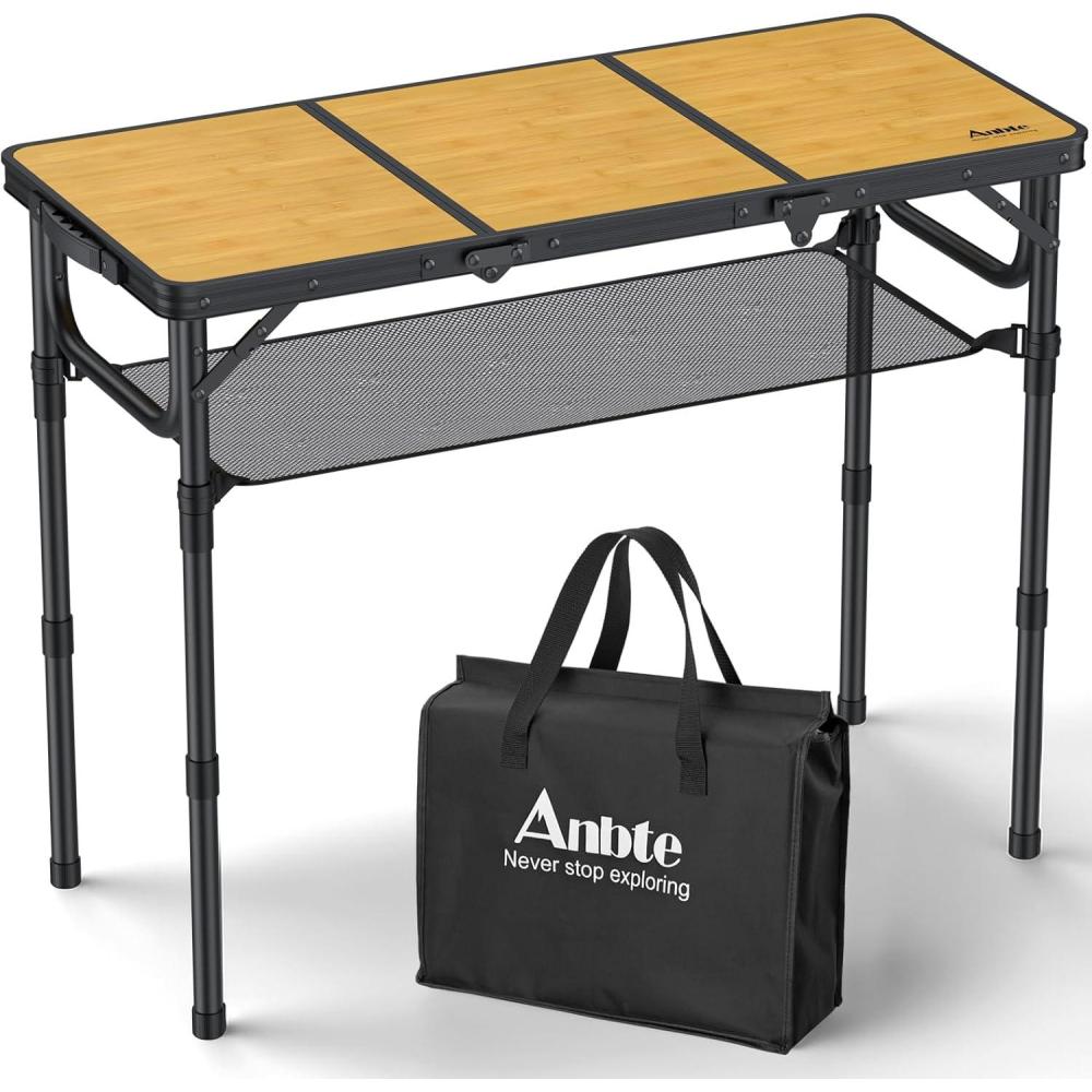 image:imageAnbte Table de Camping Pliante Table PiqueNique Portable avec Rangement Net en 3 Hauteur en AluminiumMDF pour ExtrieurIntrieur NoirGrain du Bois