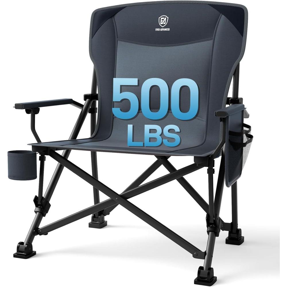 image:imageEVER ADVANCED Chaise de Camping Pliable Charge maximale 230 kg Taille XL Support Lombaire Largeur dassise 62 cm avec Poche latrale Portegobelet Chaise de pche Pliable pourGris
