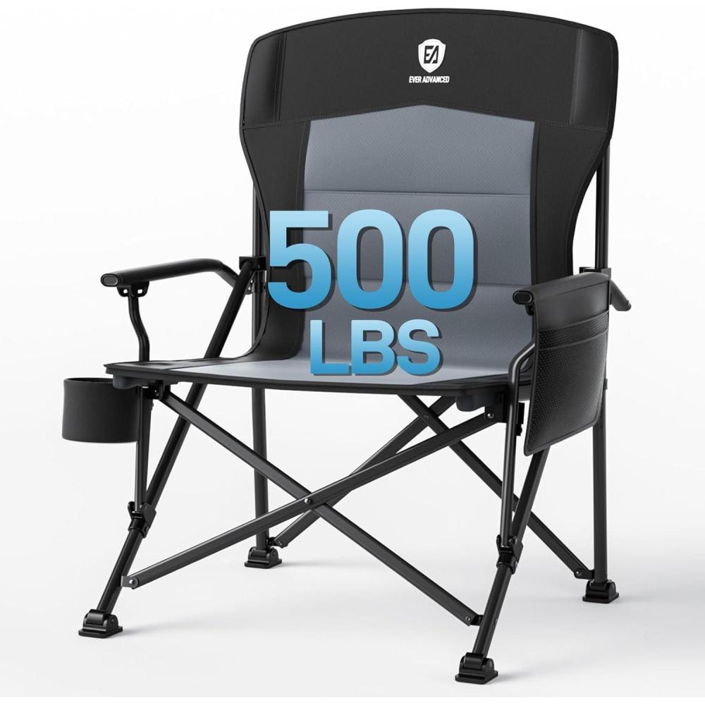 image:imageEVER ADVANCED Chaise de Camping Pliable Charge maximale 230 kg Taille XL Support Lombaire Largeur dassise 62 cm avec Poche latrale Portegobelet Chaise de pche Pliable pourNoir