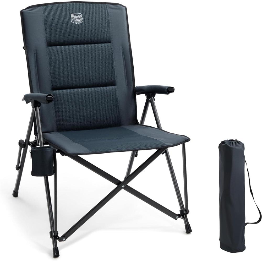image:imageTIMBER RIDGE Chaise de Camping Pliable Rembourr Fauteuil Dossier Haut XXL Sige Large 55cm Charge Maximale 150kg avec Poche Latrale pour Camping Jardin Balcon BBQ PcheGris