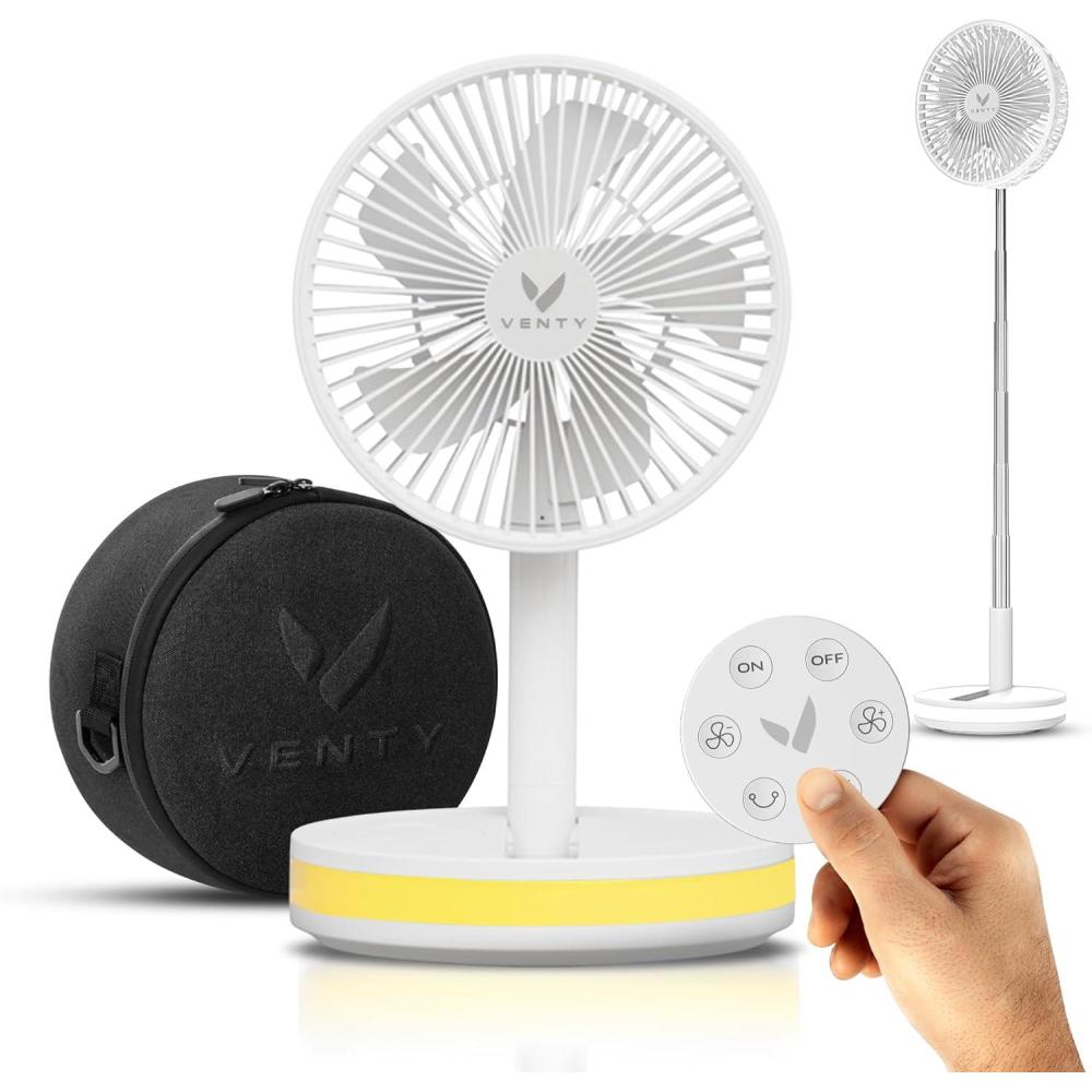 image:imageVENTY Ventilateur Portable Rechargeable Ventilateur Pliable avec tui Transport et Port Usb 4 Vitesses Compact et Rglable pour Table Camping Bureau Avec et Tlcommande Portable FanBlanc