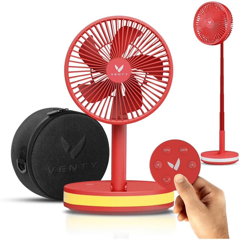 image:imageVENTY Ventilateur Portable Rechargeable  Ventilateur Pliable avec tui Transport et Port Usb  4 Vitesses Compact et Rglable pour Table Camping Bureau  Avec et Tlcommande  Portable FanRouge