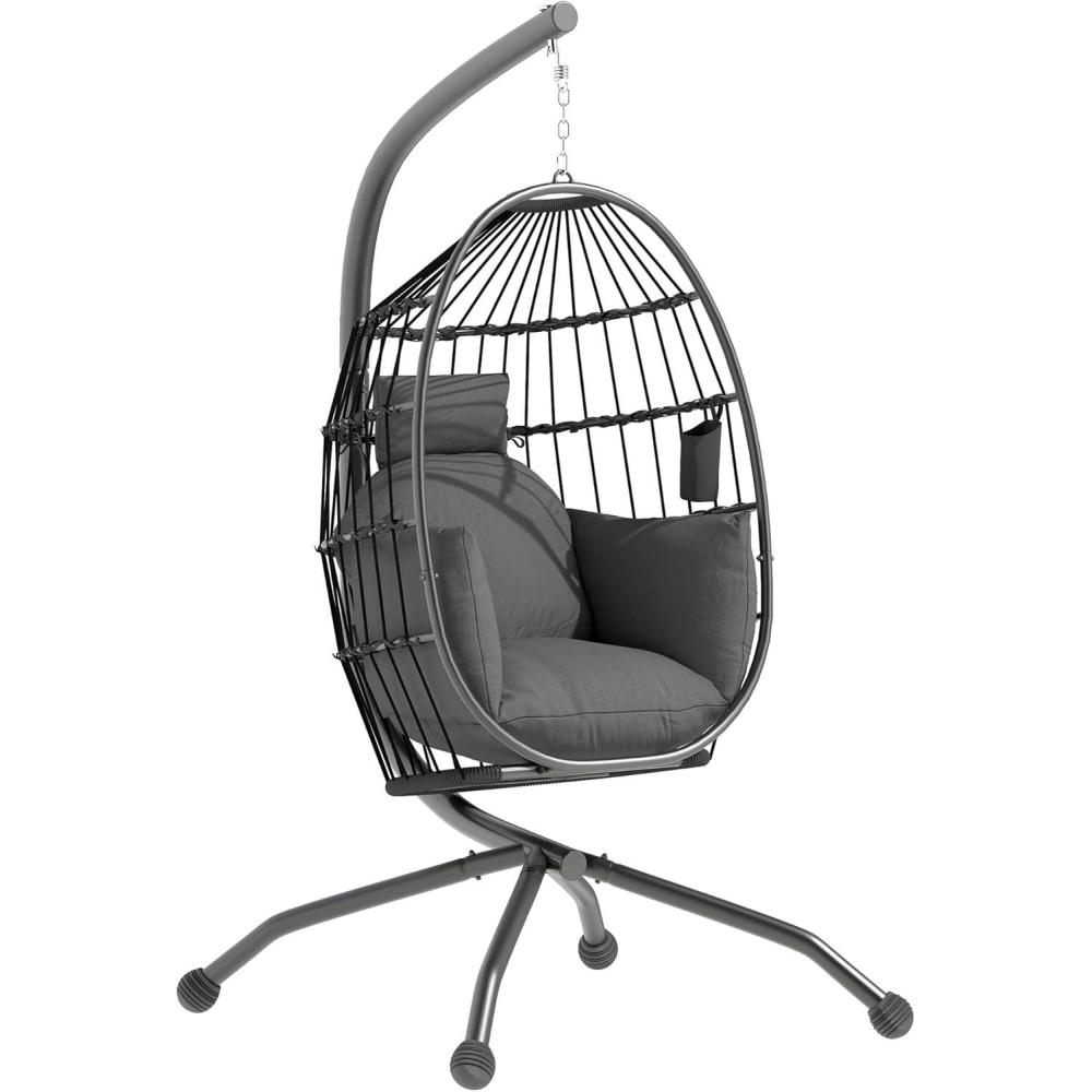 image:imageOutsunny Fauteuil Suspendu Fauteuil Oeuf Suspendu Panier Pliable Chaise hamac balanoire avec Coussin rembourr Oreiller Portegobelet pour intrieur et extrieur Gris foncGris Fonc